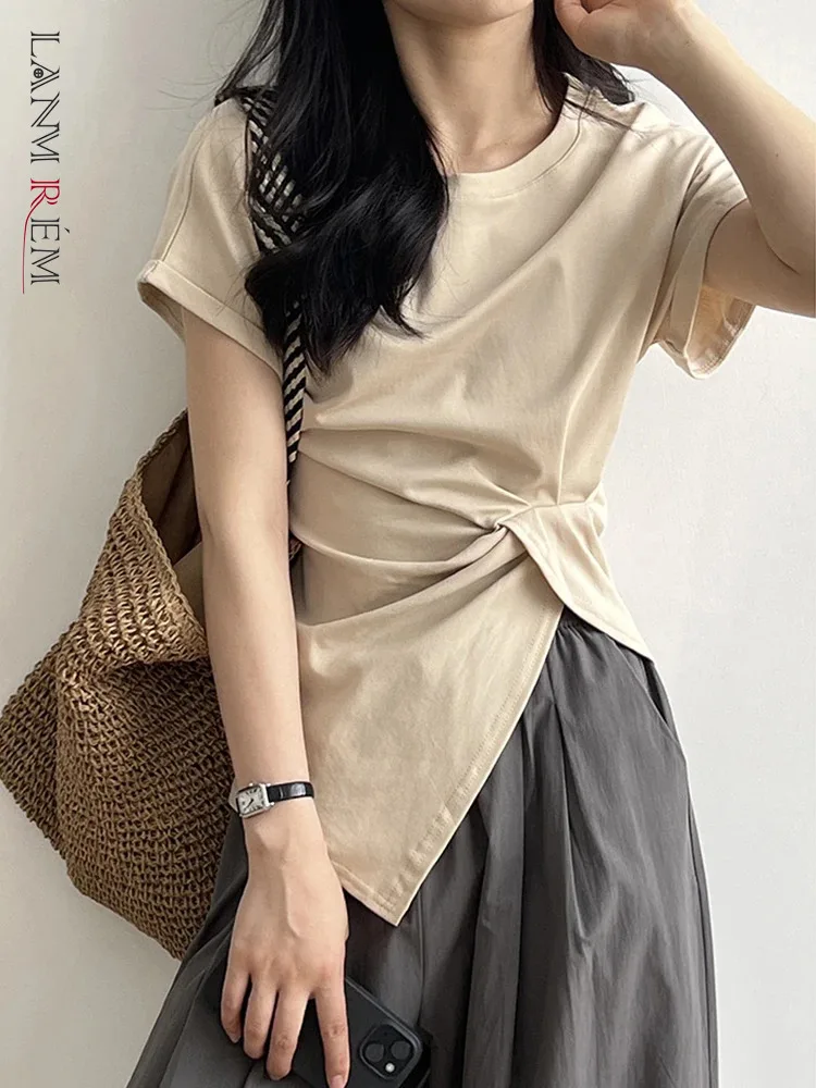 [LANMREM] Irregular Design Short Sleeve T-shirt For Women Solid Round Neck Gathered Waist Female Tops 2024 Summer New 26D9589