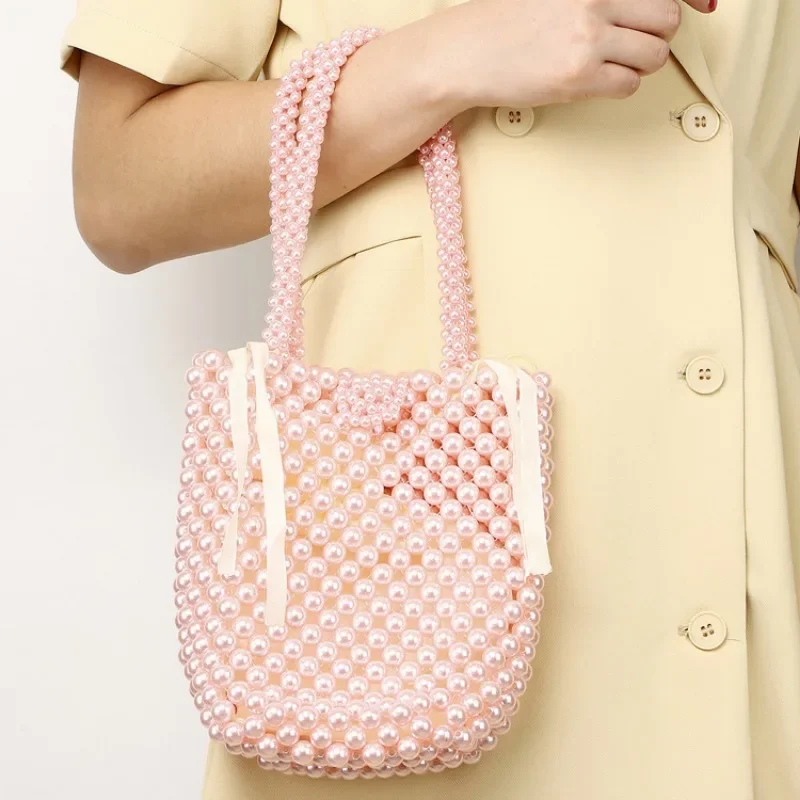 

Women's Spring Summer DIY Woven Pink Pearl Banquet Bag Customized Handmade Beaded Finished Bucket Bags New Popular Handbag