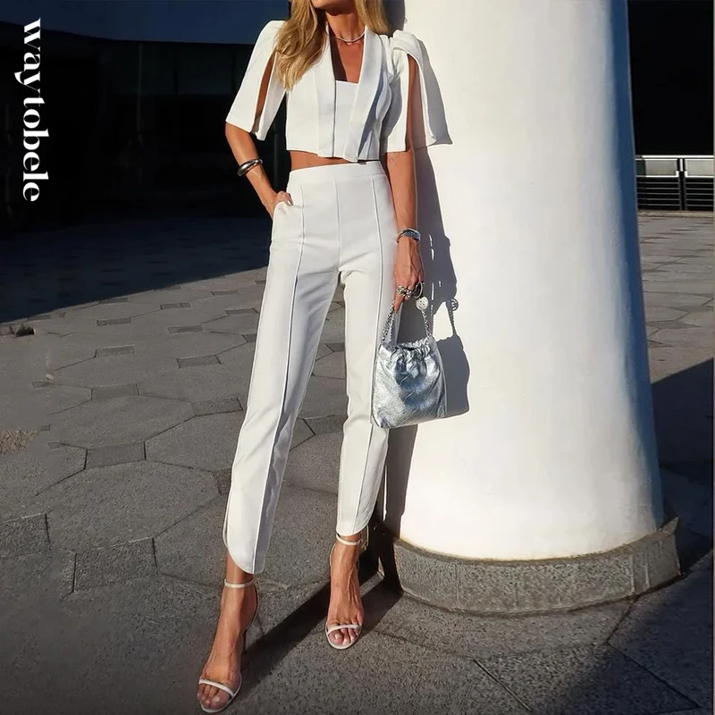 

Waytobele Women Two Piece Set Summer Fashion Casual Solid Lapel Slit Short Sleeve Top With Pockets Pants Sets Streetwear