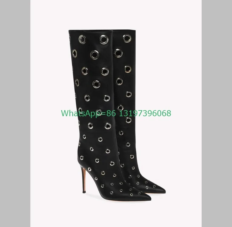 

Lady PU black metallic eyelets knee boots gothic style daily drees boots pointed toe stiletto heel cut-out boots footwear size