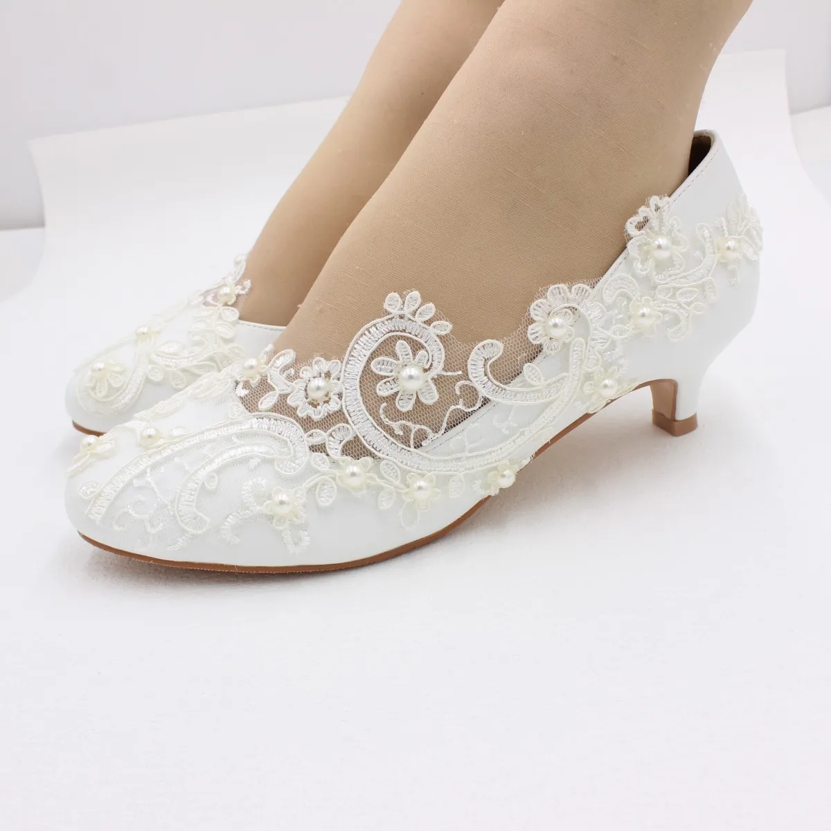 Low Heel Wedding Wedges For Bride White Lace Wedding Shoes For