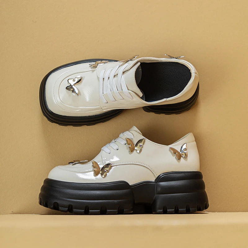 

2023new Butterfly Square Toe Small Leather Shoes Thick Bottom Elevated Increase 2023new Fashion Casual Women Shoes Autumntime