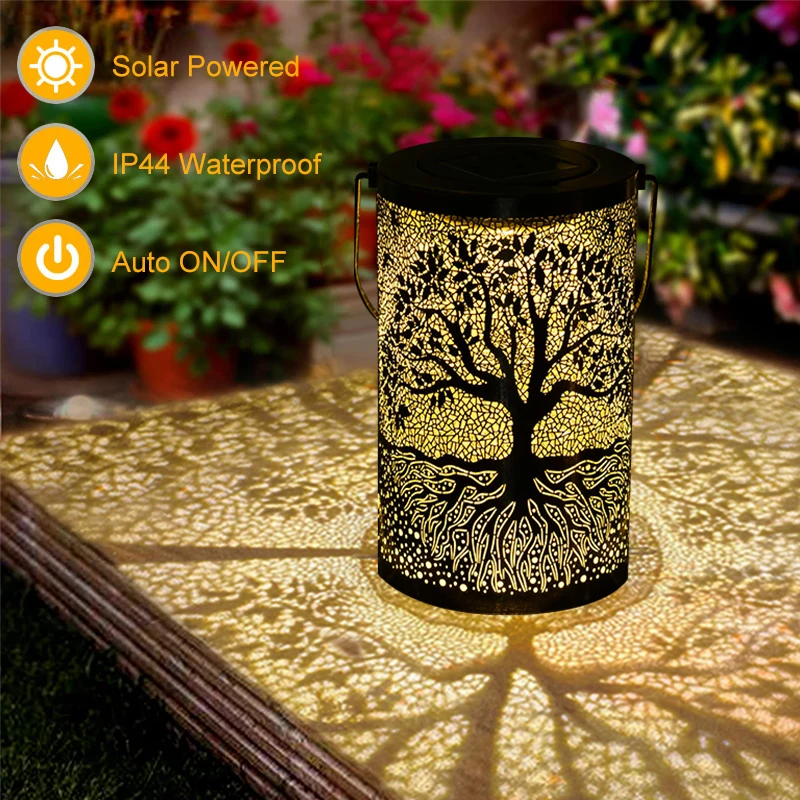 

Waterproof Outdoor Solar Lanterns Retro Iron Art Tree Lamps Hollow Hanging Lamps For Courtyard Walkway Garden Terrace Lawn Decor