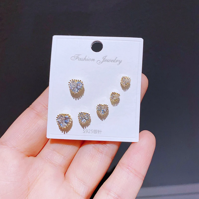 Classic 3 Pairs Square Heart Round Cubic Zircon Stud Earrings Set Gold/Silver Color Crystal Jewelry 5