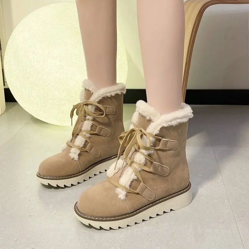 New Winter Women Fluffy Boots Casual Warm Fur Mid-Calf Boots Shoes Women Lace Round Toe Platform Boots Snow Boots Shoes Fashion
