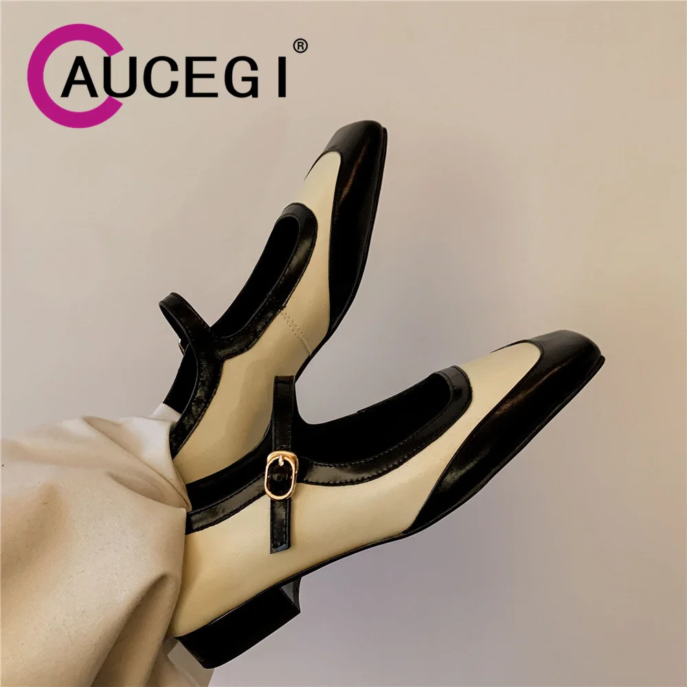 

Aucegi Designer Spring Women Square Toe Flats Fashion Mixed Color Genuine Leather Shallow Buckle Strap Comfort Street Style Shoe