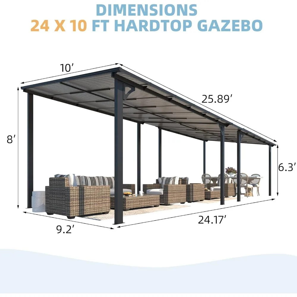 24 'x 10' terrace pavilion, large wall mounted hardtop sloping pavilion, deck heavy-duty terrace sunshade, backyard 4