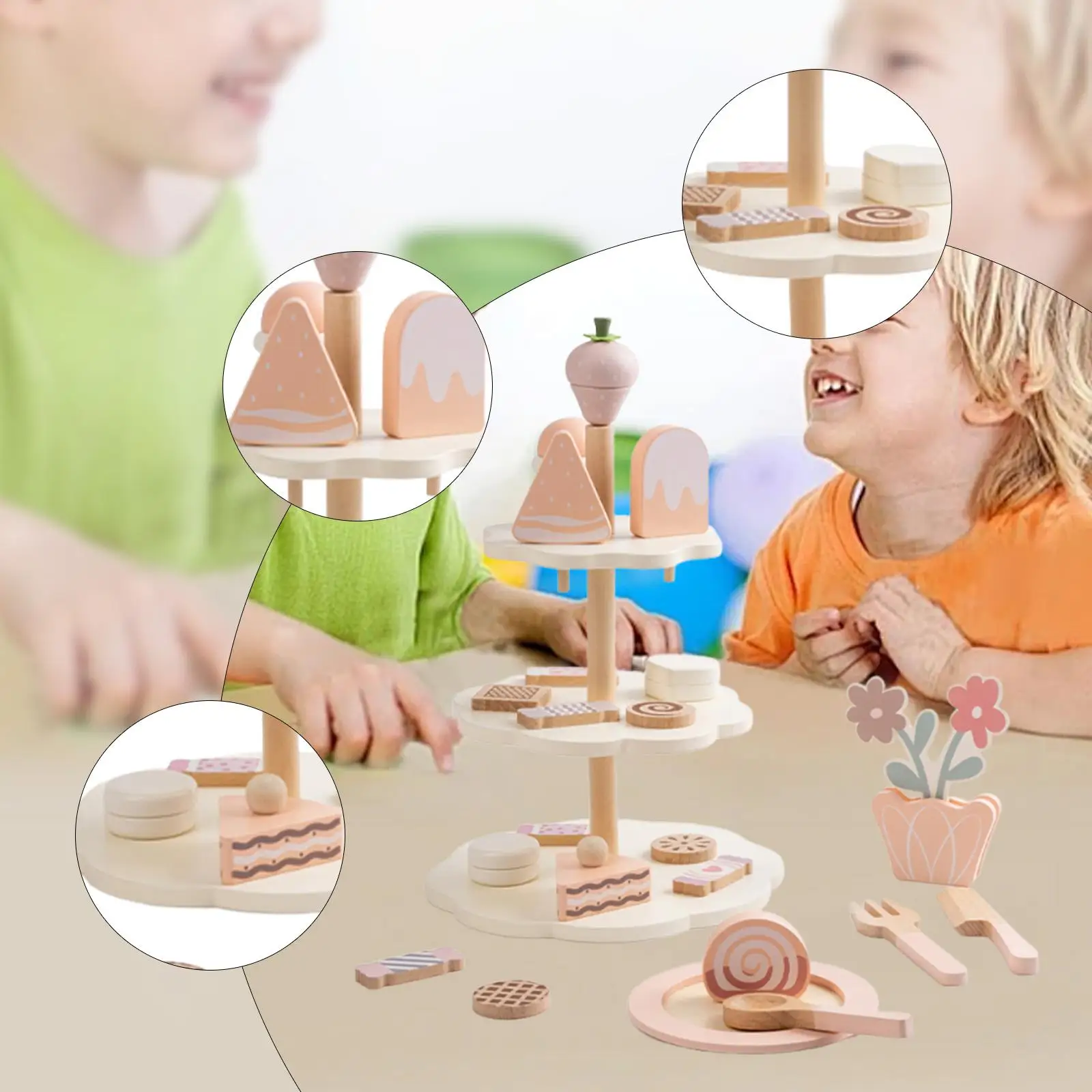 【High Cost-Performance】 Wooden Tea Party Set Interactive Game with Cupcake Stand & Food Dessert Role Playing Kitchen Playset Pretend Play Girls Children