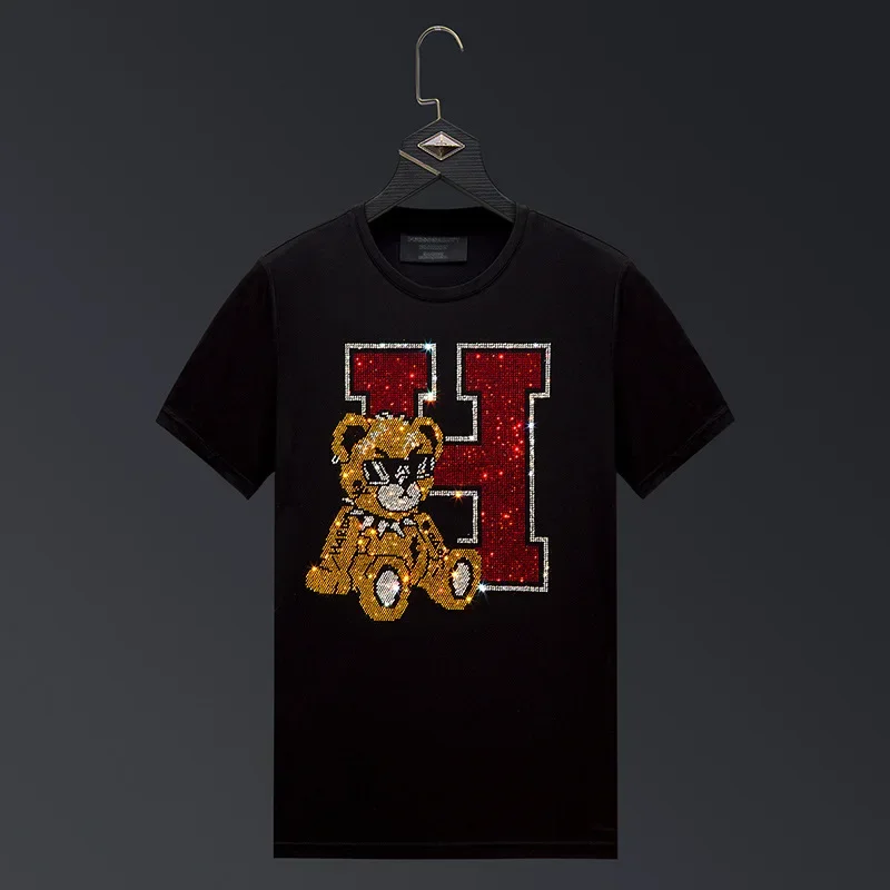

2023 Bear Rhinestones T Shirts Men Summer Clothes Fashion Streetwear O Neck Short Sleeve Thin Cool Elastic Cotton T-shirts