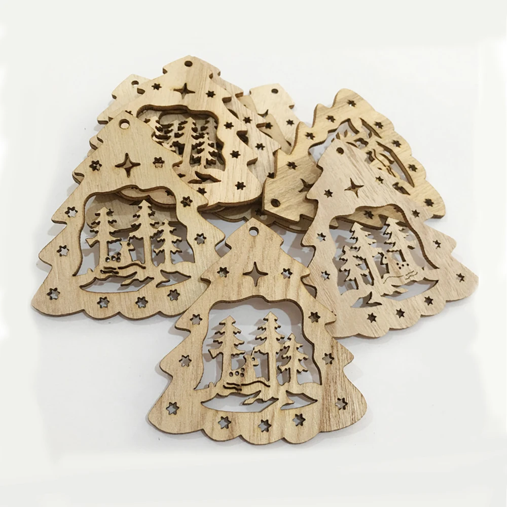 10pcs DIY Natural Christmas Craft Decoration House Snowflakes Tree Shape Wooden Chip Hanging Ornaments Christmas Navidad Decor