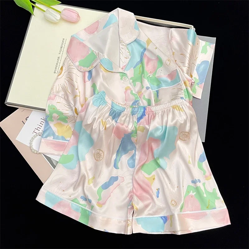 

2023 Summer New Ladies Sweet Satin Silk Floral Printed Pajamas Set Short Sleeve+Pants Women Ice Silk Cute Homewear Casual Wear