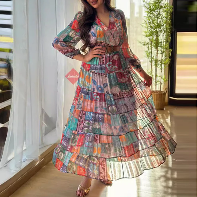 Autumn-New-Folds-Dresses-Elegant-Women-Pattern-Print-Pleated-Chiffon ...