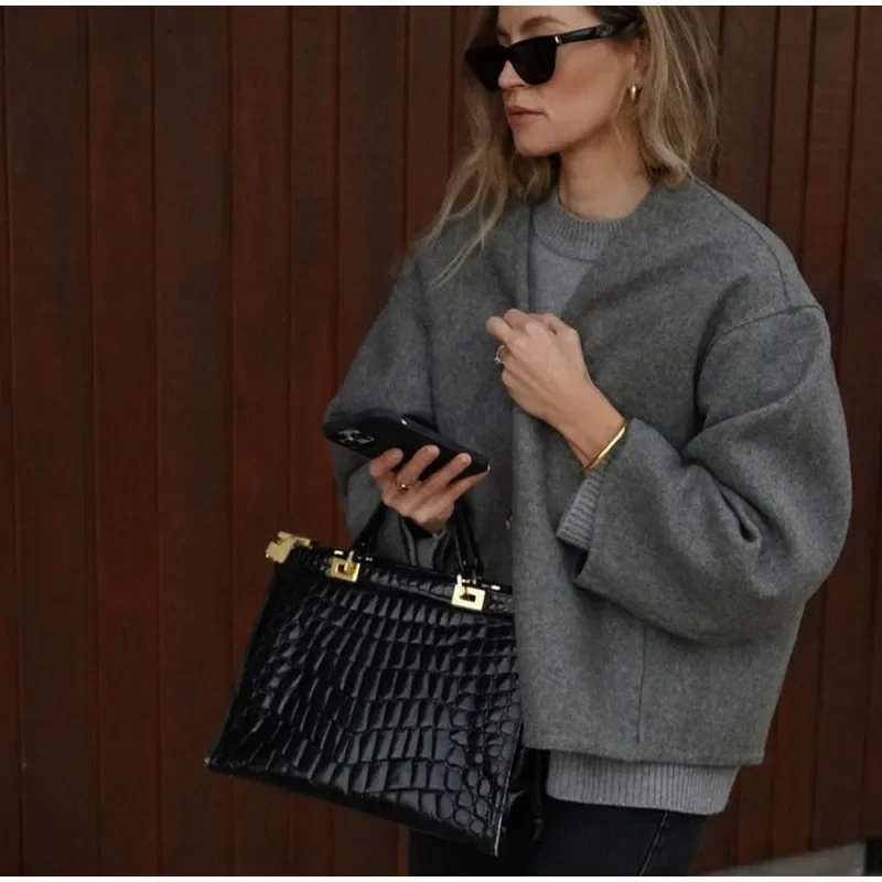 Vintage One Button Woolen Coat Women Gray Loose Long Sleeve V-neck Short Jacket Female Autumn Winter Casual Lady New in Outwears