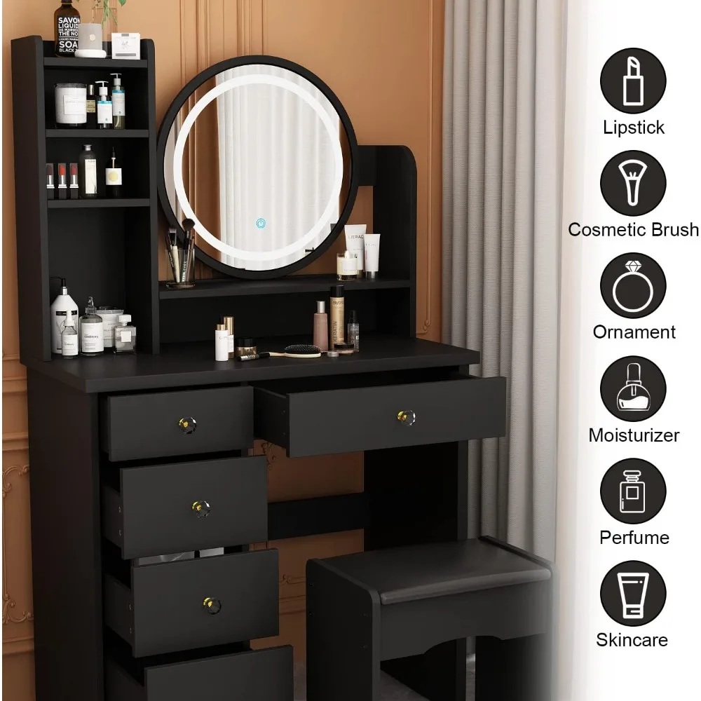 illuminated makeup desk with mirror, storage, and seating