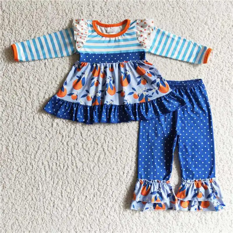 

Wholesale Kids Infant Striped Orange Shirt Blue Dots Ruffle Pants Baby Girl Fruitful Set Clothes Toddler Children Fall Outfit