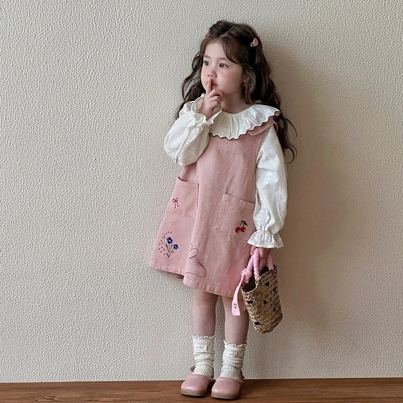2026 봄 소녀 블라우스 핑크 조끼 드레스 어린이를위한 캐주얼 데일리웨어 의류 달콤한 레이스 인형 티셔츠 패션 복장