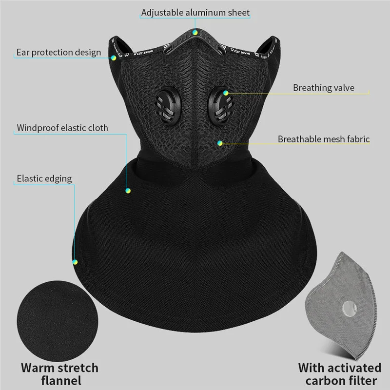 WEST BIKING Winter Warm Cycling Mask With Activated Carbon Filter  Face Cover Outdoor Sports Running Skiing Face Cover Scarf