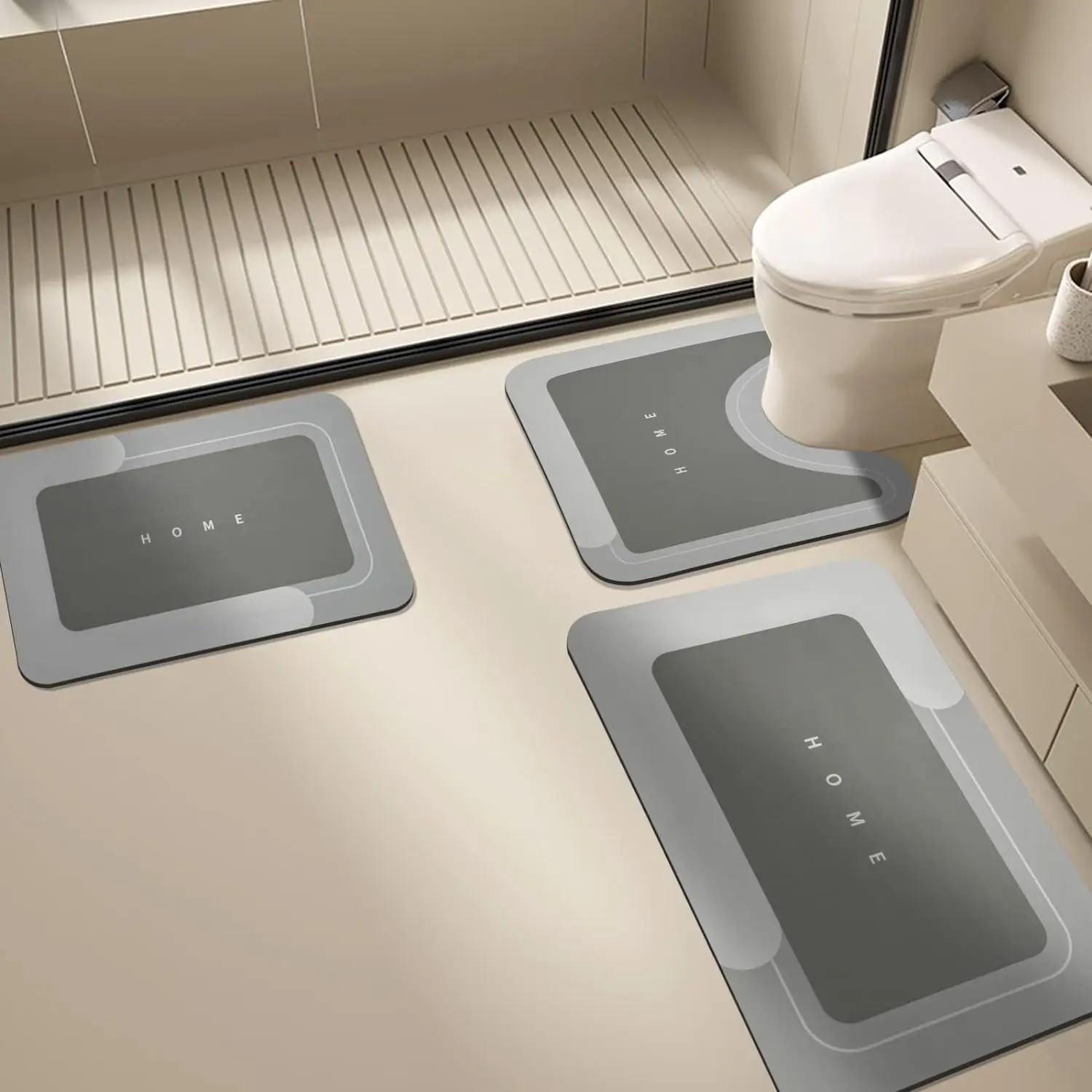 VIKAMA 3PCS Simple Diatomium Mud Bathroom Floor Mat U-Shaped Light Luxury Absorbent Non-Slip Foot Mat Drain Carpet