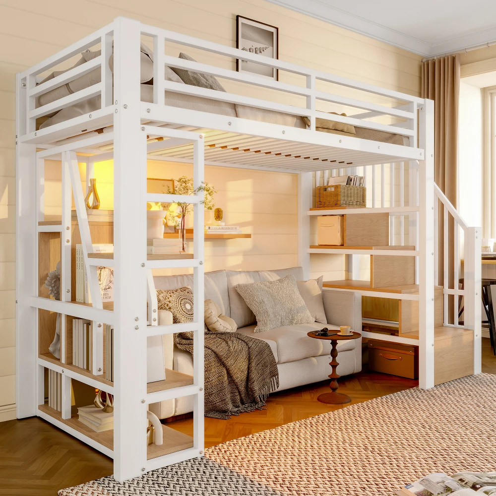 90 x 200 cm/140 x 200 cm Hochbett, Eisenrahmen, integrierte Stufen, Geländer, Leiter, mit LED-Lichtleiste, offener Stauraum unter dem Bett – Detail 19