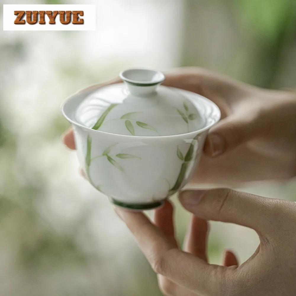 130ml Jade Mud Handmade Cover Bowl Household Hand-painted Green Bamboo Gaiwan Luxury Anti Scald Tea Tureen Tea Making Craft Gift