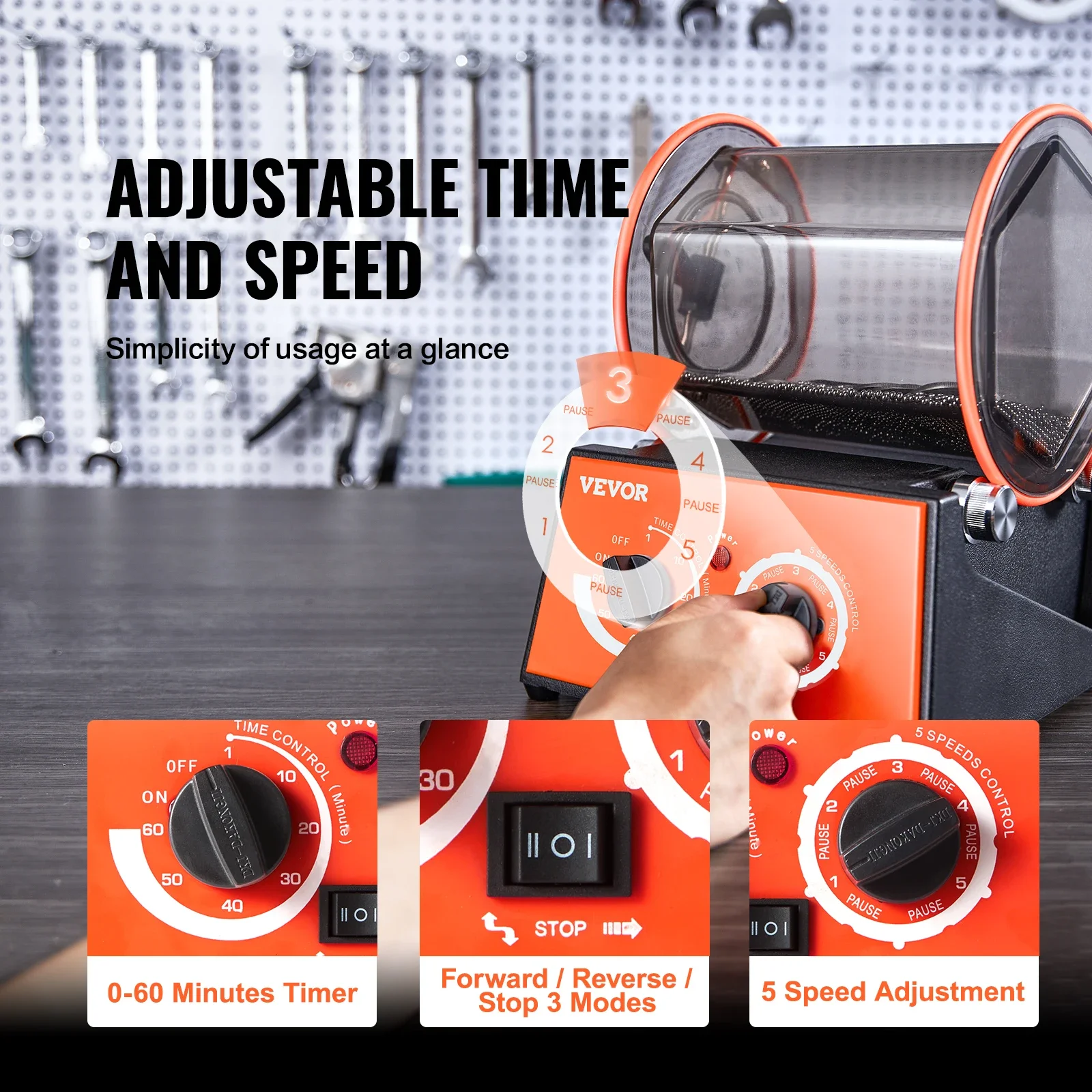 VEVOR Rotary Tumbler Surface Horizontal Polisher 3kg5kg Mini Jewelry Drum Polishing Machine w/ 0-60 Minutes Timer Finishing Tool 5