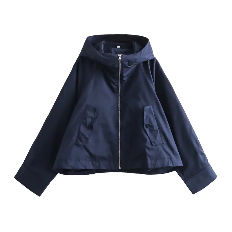 

TRAF Women Fall Zipper Short Hooded Parka Casual Streetwear High Collar Long Sleeve Hoodies Warm Back Elastic Hem Loose Outwears