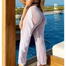  Women Mesh See-Through Beach Bikini Cover Up Long Pants Swimwear Ruffles Cover Trousers Solid Summer Casual Beach Cover-Ups 