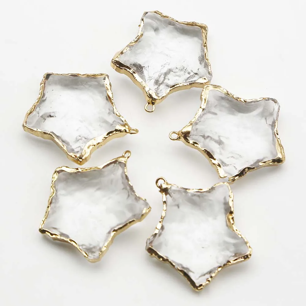 Natural Raw Ore White Crystal Five Pointed Star Gold Eedged Necklace Pendant Earrings Bracelet Jewelry Accessories Wholesale 8Pc