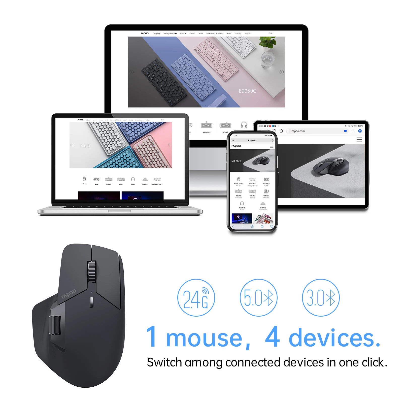 Rapoo-mouse Bluetooth sem Fio Recarregável Multi-modo Suporte Ergonômico até Dispositivos Mouse Office Mt760 Mt760mini 4000 Dpi - Imagem 3