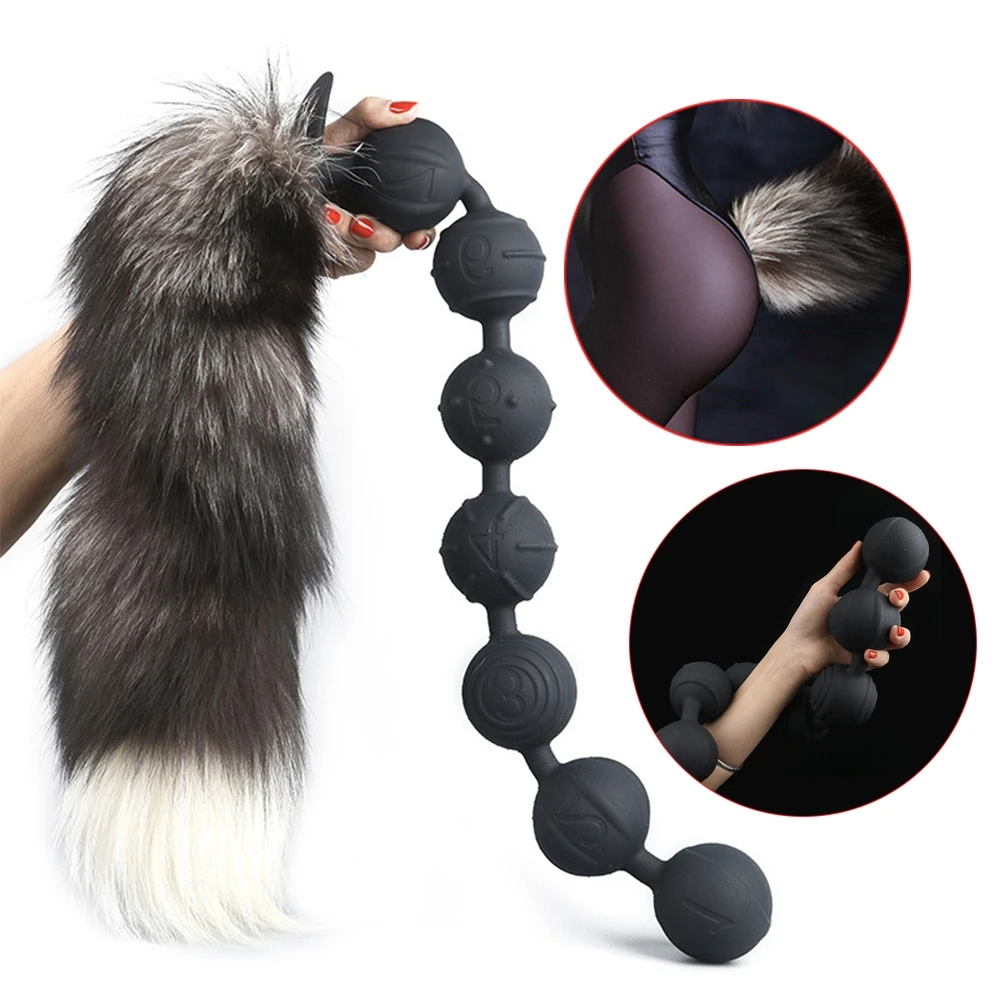 Dilatatore a sfera in silicone morbido anale per donne Coda di volpe Perline ano super lunghe Coda anale Gioco di ruolo Plug anale Mas_voghion.com