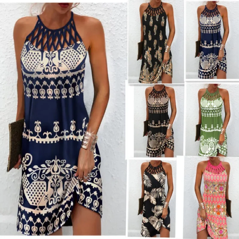 

2023 Summer Women's Sexy Sleeveless Print Dresses Fashion Femme Round Neck Vintage Cutout Neck Elegante Party Dress