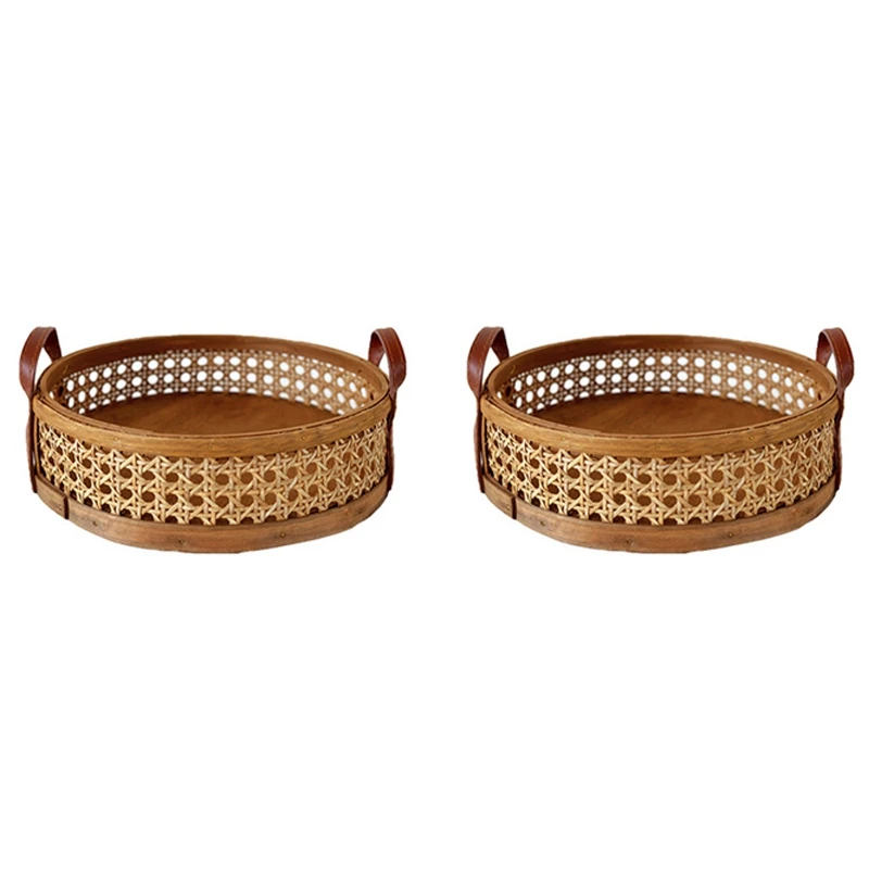 

2X Rattan Woven Storage Basket Home Living Room Round Placing Tray For Fruit Bread Breathable Desktop Organizer -Brown