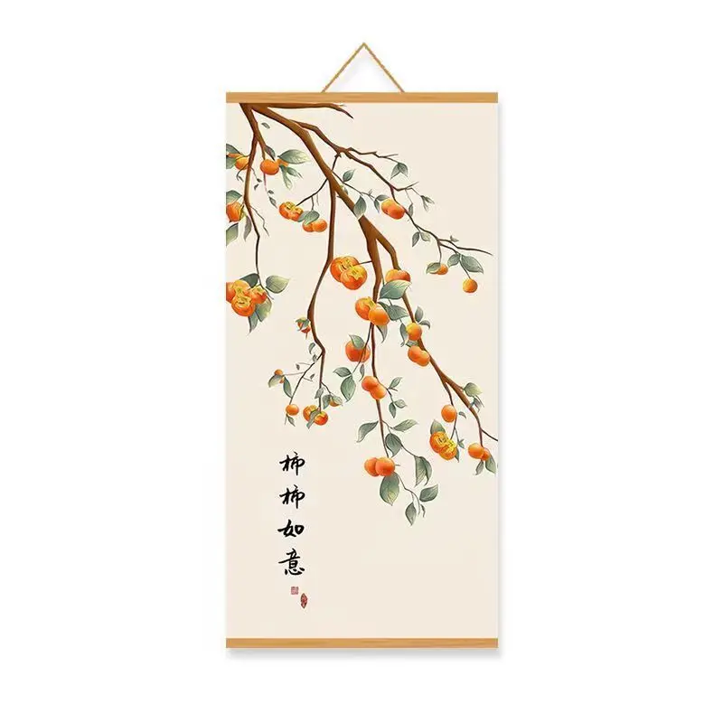 2024 New Chinese style persimmon Ruyi solid wood scroll hanging painting, entrance decoration painting, fabric art, no punching 6