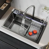 Stainless Steel Large Single Sink Kitchen Waterfall Digital Display Honeycomb Embossed Wash Basin Countertop 1