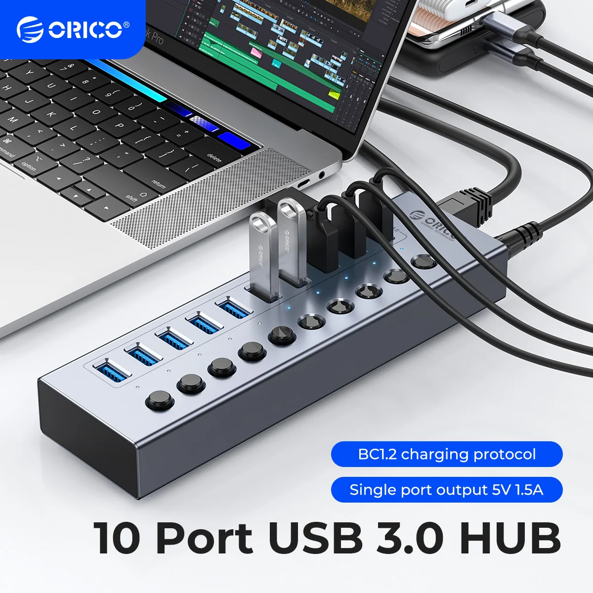 Hub Usb 3.0 Alimentado por Orico Extensão Usb com Interruptores Ligados e Desligados Suporte para Adaptador de Energia Divisor de Carregamento Bc1.2 Portas 10 Portas 13 Portas 16 Portas 12v
