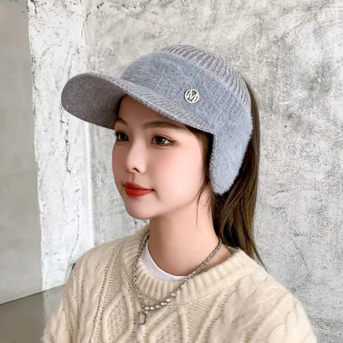 New Cool Women Warm Ponytail Earflaps Caps Hat Knitted Female