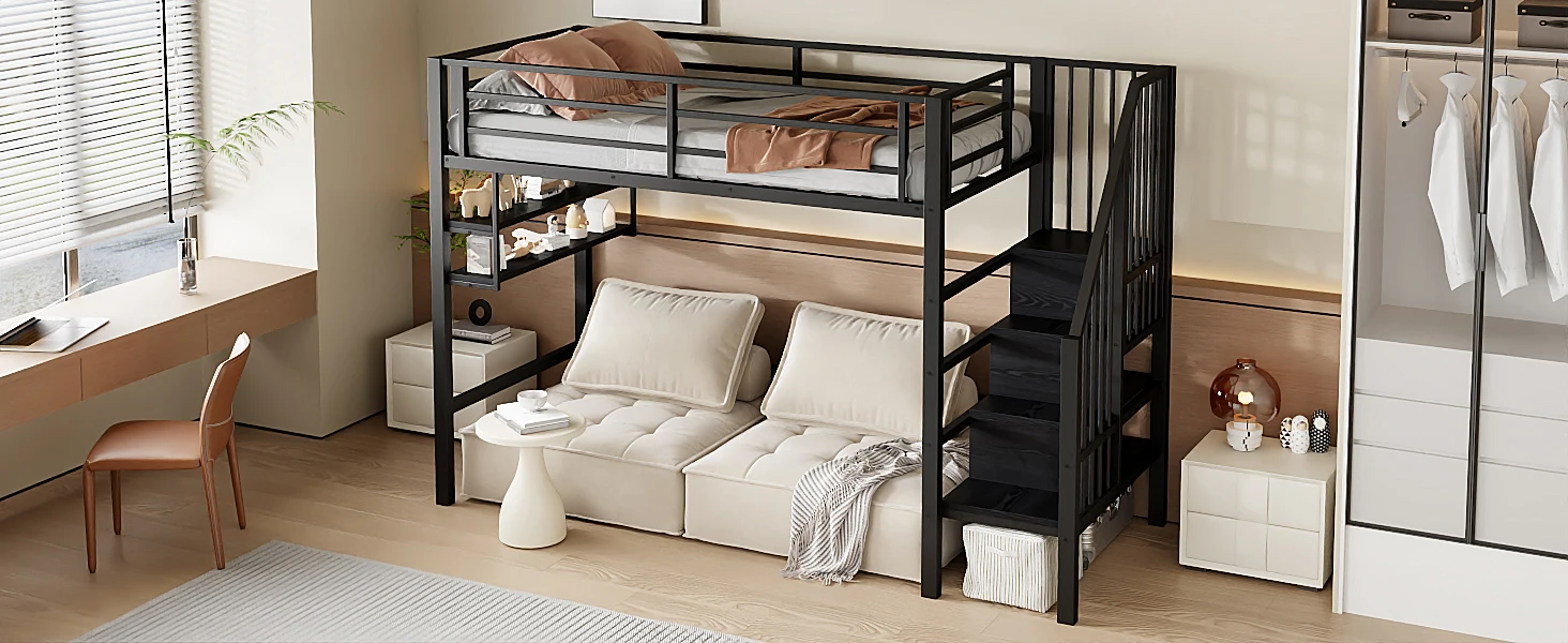 Hochbett, 90*200cm, Regale, Aufbewahrungstreppe, Stauraum unter dem Bett für Verkleidung, Geländer, ohne Matratze, schwarz – Detail 20