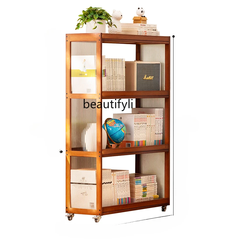 

Movable Bookshelf with Wheels Storage Rack Floor Bookcase Storage Living Room Wall Side Solid Wood Multi-Layer