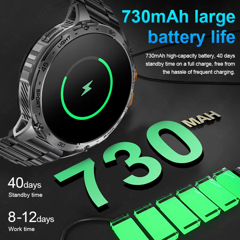 LIGE Smart Watch Man 1.75inch Amoled Screen LED Flashlight Men Bluetooth Call Sports Fitness Tracker Health Monitor Smartwatch