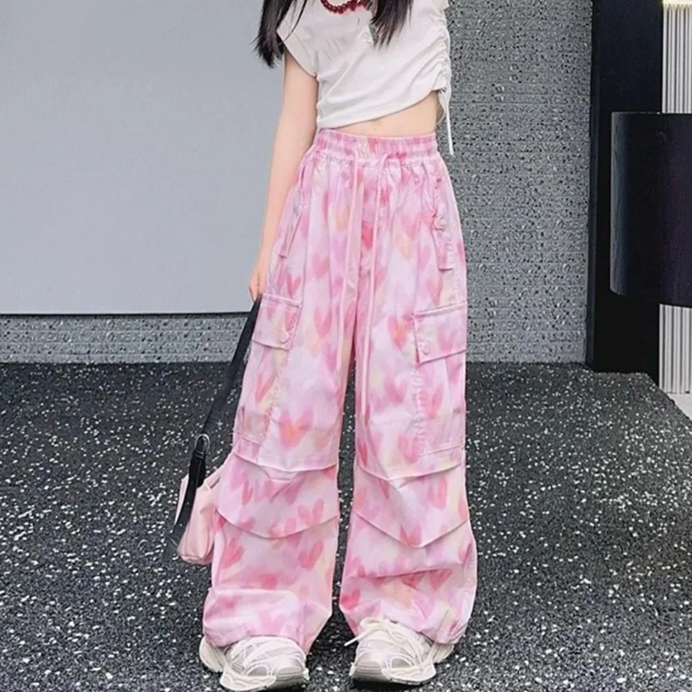 Multi Pockets Baggy Cargo Pants Drawstring Trousers Y2k Wide Leg Pants Joggers High Waist Heart Printing Pants Girl Students