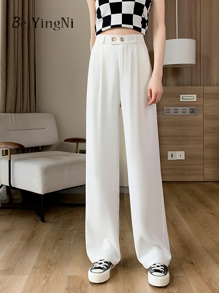 

Beiyingni 2023 New Fashion Korean Wide Leg Pants for Women Solid Color Elegant Office Ladies Straight Suit Pants Spring Autumn