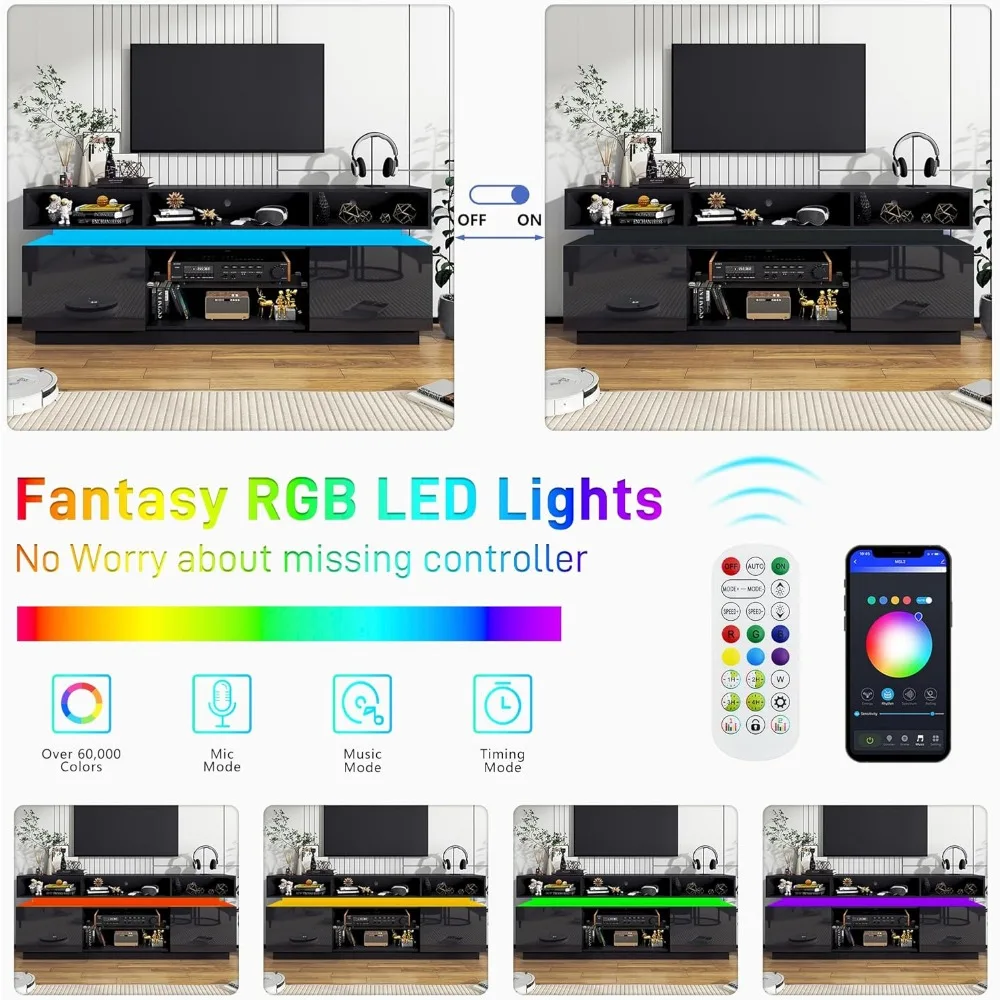 LED TV Stand for 80 Inch TV, Modern Tall Entertainment Center with Storage, High Gloss Gaming TV Media Console with Glass Shelf 3