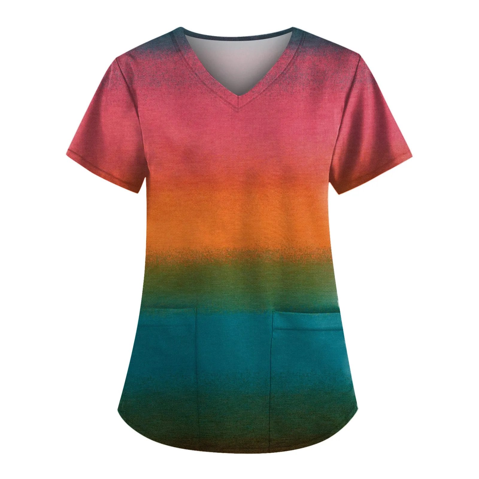 

2024 Plus Size Cute Printed Scrub Working Uniform Tops For Women V-Neck Short Sleeve Fun T-Shirts Workwear Tee With Pockets