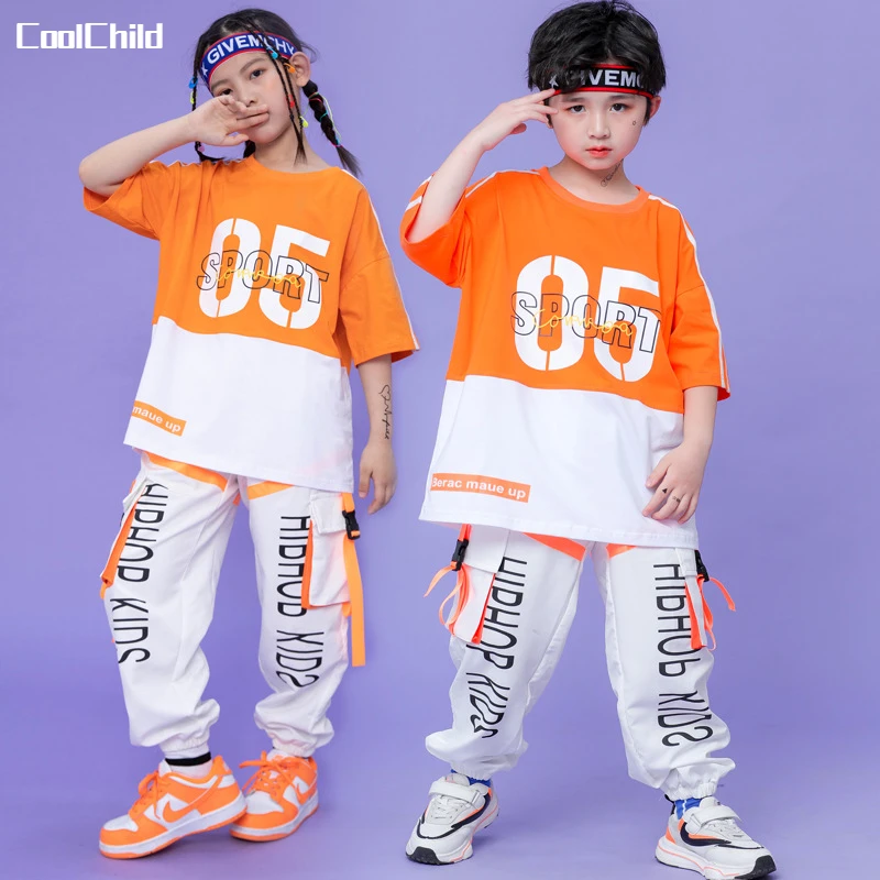 

Boys Hip Hop Contrast T-shirt Cargo Pants Girls Street Dance Joggers Children Loose Streetwear Kids Jazz Costumes Clothes Sets