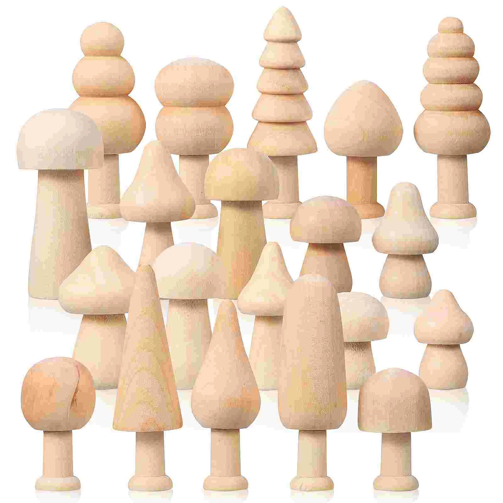

20pcs Unpainted Wooden Figures Mushrooms Trees Desk Decorations DIY Project