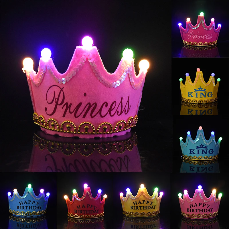 

Happy Birthday Glowing Hats LED Light King Princess Crown Headband for Girls Boys Birthday Party Decoration Baby Shower Supplies