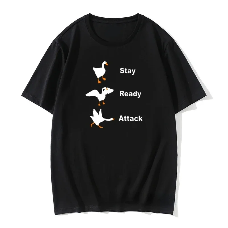 

Stay Ready Attack Goose TShirt Men Women Funny Graphic Tshirts Cartoon Untitled Goose Game Tops Harajuku Street Cotton Tee