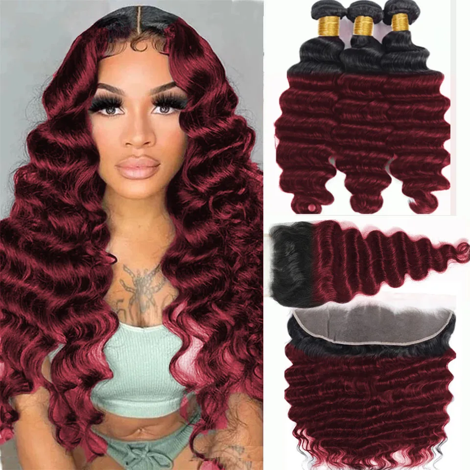 

Ombre Bundles With Closure 4x4 6x6 T1b/99j Colored Loose Deep Wave Bundles With Closure Frontal Human Hair Bundles With Frontal
