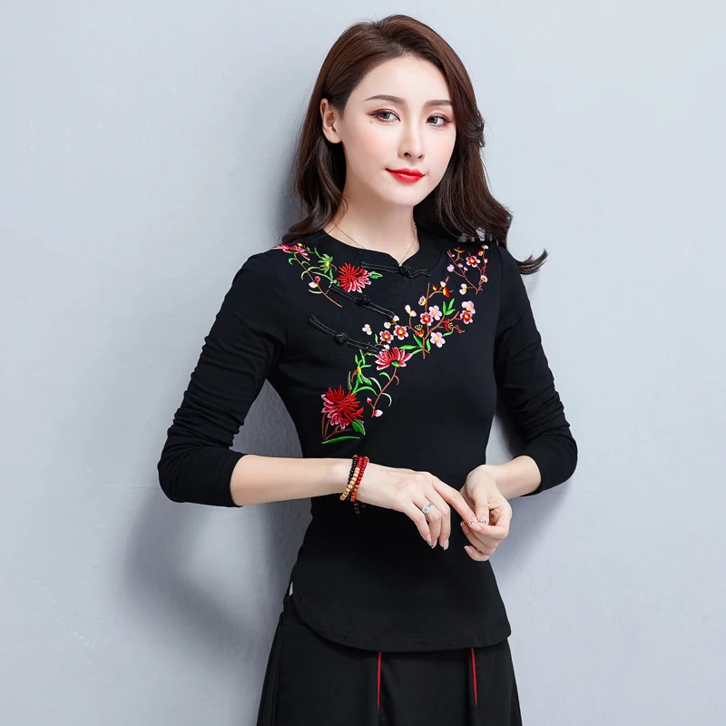 

Women's Embroidered Stand-up Collar Bottoming Shirt For Chinese Disc Button Shirts For Women Long-sleeved T-shirt Top