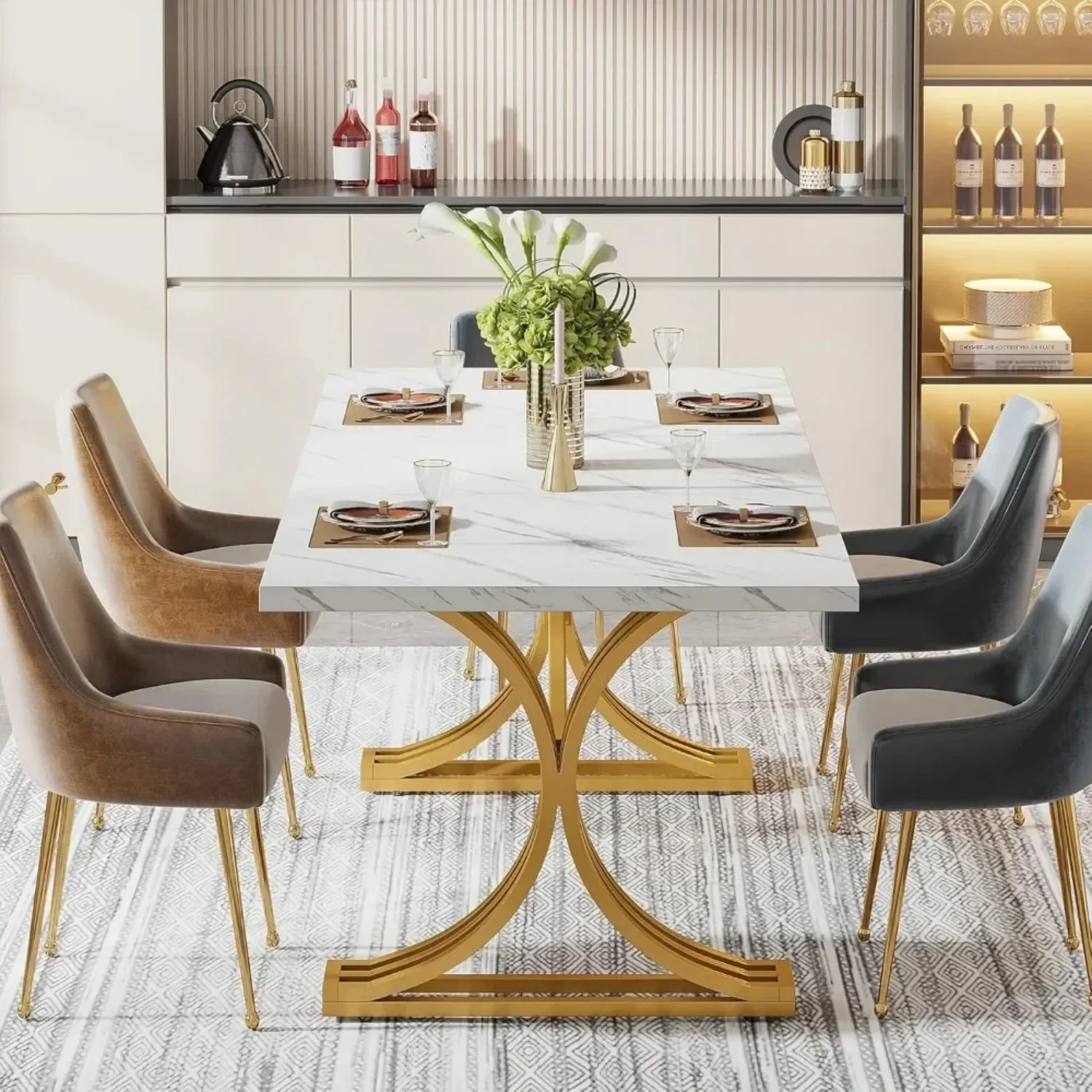 63-Inch Reangular Dining Table for 4 to 6, Modern Kitchen Table with Stylish Metal Legs, Large Dinner Tables for Dining Room 4